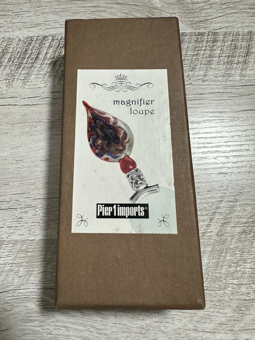 Vintage Pier 1 Blown Glass Magnifier Loupe~ Red, Blue, Silver Swirl - 5” in Box